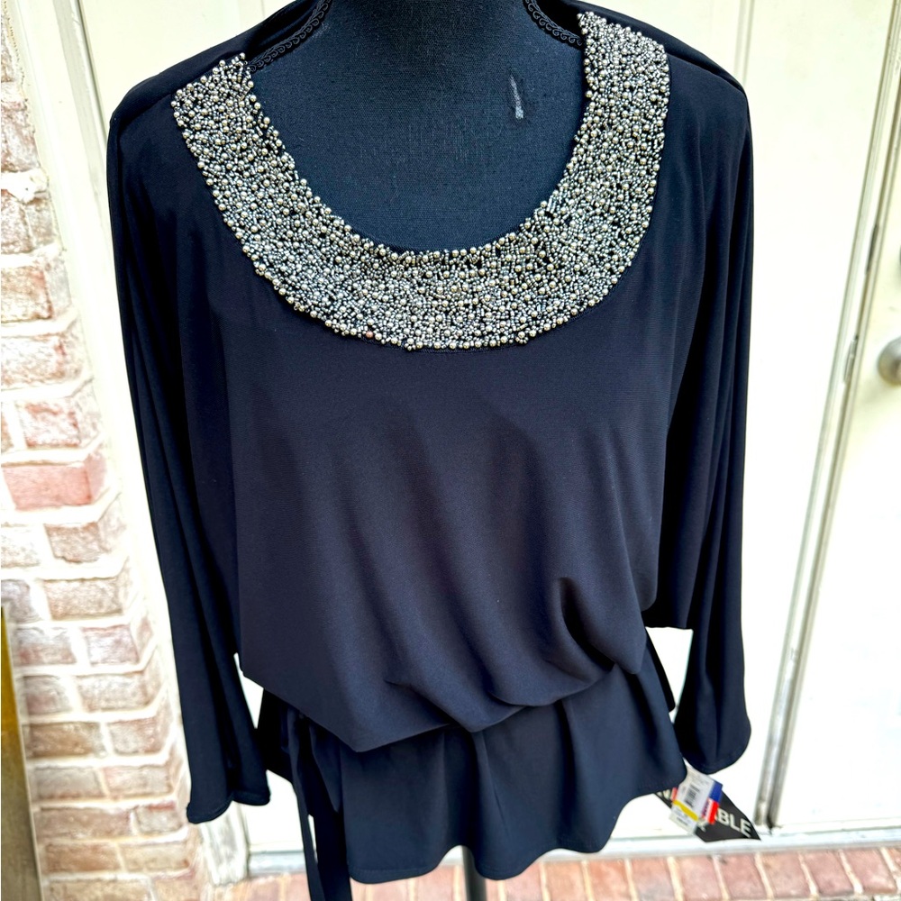 R&M Richard’s, Long sleeve, Open Arm, Beaded, Black, Blouse, Size M
